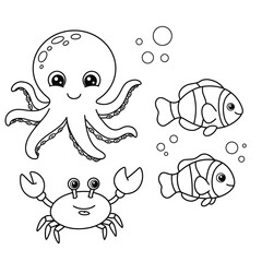 Cute funny octopus, crab and clownfish for coloring. Template for a coloring book with funny animals. Coloring page for kids.	