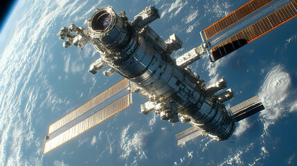Fototapeta premium A station floats above Earth with solar arrays a hurricane below and white clouds against a blue sky