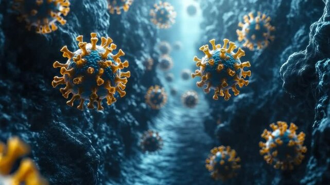 The microscopic marvel of the infectious virus under the scanning electron microscope, revealing its intricate structure and spreading, a stark visual reminder of its health impact.