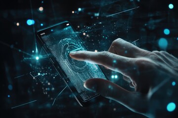 Hand interacting with a futuristic mobile device.  Data streams and digital graphics surround the screen