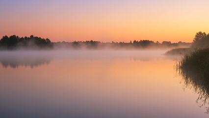 Obraz premium Serene Misty Sunrise Over a Calm Reflective Lake With Trees