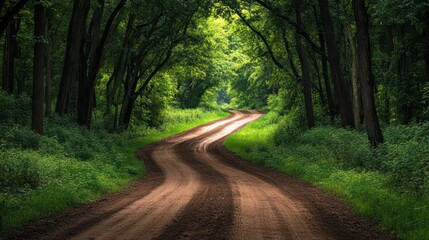 Fototapeta premium Dirt road curves through a lush green forest with trees arching overhead. Perfect for illustrating journeys, nature escapes, or finding your own path.