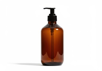 Amber glass bottle with black pump dispenser on white background