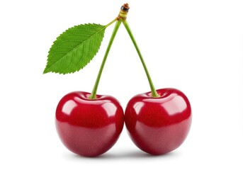 Two ripe cherries with stem and leaf against a white background