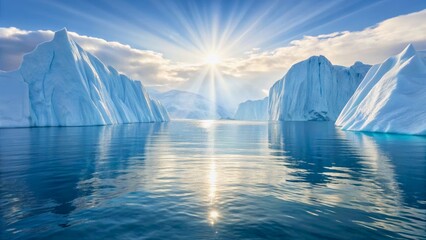 Majestic Icebergs Reflecting Sunlight Over Calm Ocean Waters at Dusk