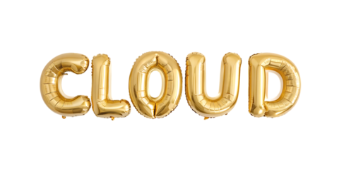 Cloud text made of golden foil balloons on transparent background