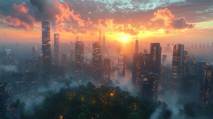 Obraz premium Breathtaking Sunset Over a Modern Cityscape with Cloudy Sky and Greenery in the Foreground