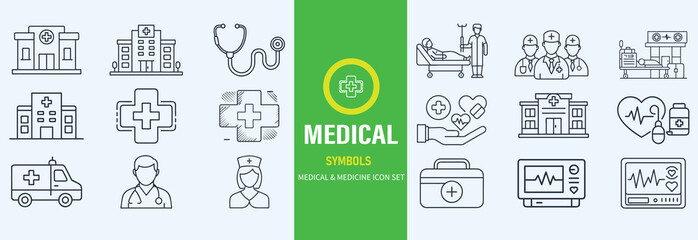 Medical line icons, such as vaccine, stethoscope, x-ray, oxygen mask and more. Editable stroke.