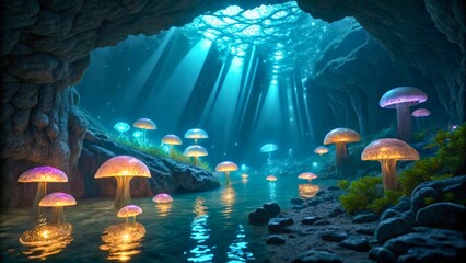 Enchanted Underwater Cave with Glowing Mushrooms and Soft Light Rays