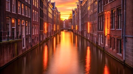 Serene Sunset Over Calm Canal Reflecting Colorful Sky in Amsterdam, Netherlands