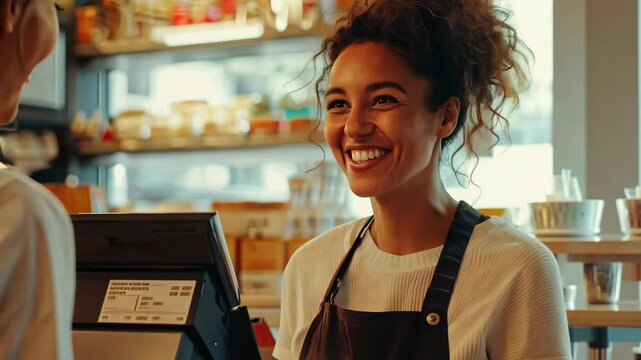 Friendly interaction at a coffee shop counter: smiling barista engages with customer