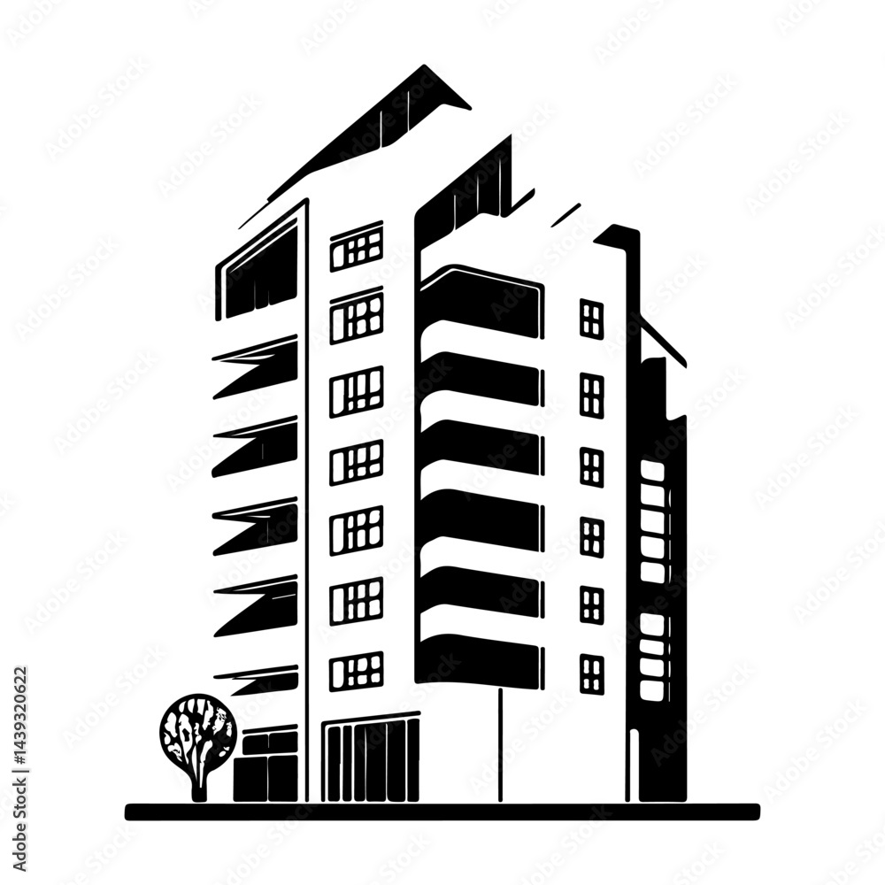 Poster modern minimalist architectural building design, with a simple tree near the building