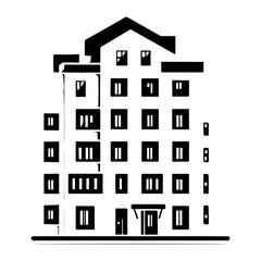 Minimalist depiction of a multistory building with distinct architectural elements