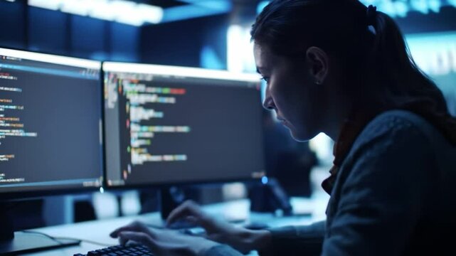 A dedicated programmer works intently at two computer screens displaying lines of code in a sleek, modern office. The atmosphere is tech-focused with blue lighting and a contemporary design.