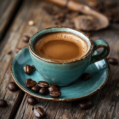 Espresso in teal cup, coffee beans scattered on rustic wood