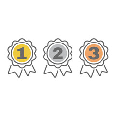 First, second and third place ribbon badge line icons. Gold, silver and bronze medal award icon set. Editable stroke.