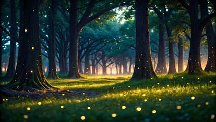 Enchanted Forest with Glowing Lights and Serene Natural Beauty at Twilight