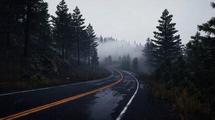 Obraz premium Winding road through misty mountain forest on a rainy day