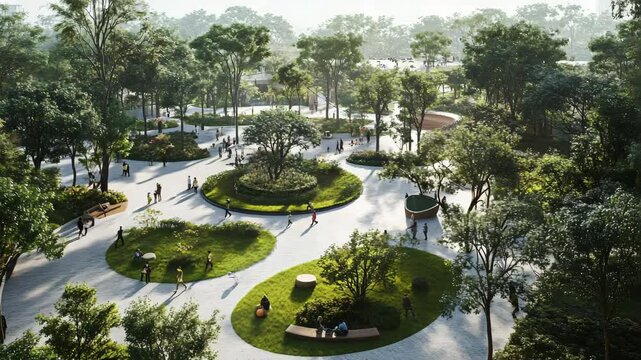 Lush green park with abundant trees and people enjoying nature while walking along the pathways
