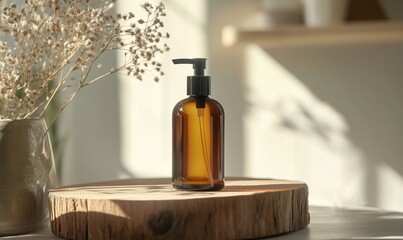 Amber glass pump bottle on wooden table with dried flowers in background