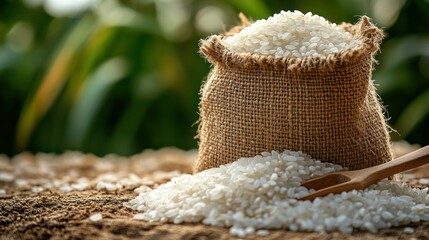 A burlap sack of white rice on the ground