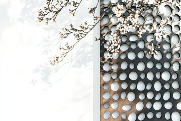 A black and white photo of a tree with white flowers and a white wall