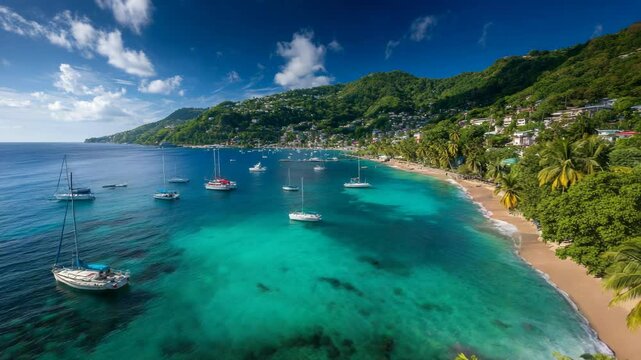 Sailboats anchored in crystal clear waters along a tropical shoreline in Saint Lucia during sunny daytime