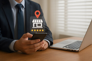 Man using smartphone with location marker and storefront icon