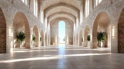 Spacious Stone Hallway with Arches and Sunlight