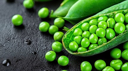 Fresh green peas in a pod on a dark surface, representing healthy food.