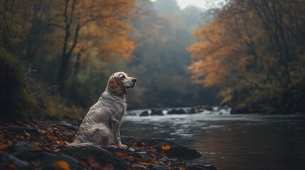 river English Setter sitting elegantly by proud