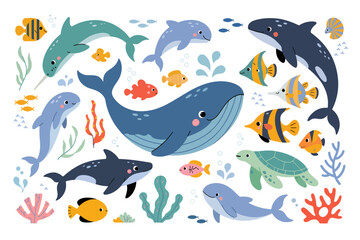  Cute cartoon sea animals set: whale, dolphins, sharks, turtle, and colorful fish with seaweed and bubbles. Ocean life illustration.