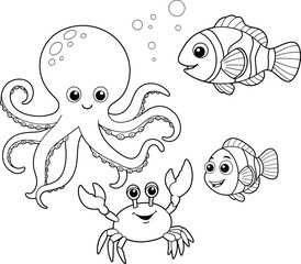 Cute funny octopus, crab and clownfish for coloring. Template for a coloring book with funny animals. Coloring page for kids.	