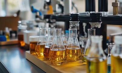 Laboratory glassware with colorful liquids in scientific research environment