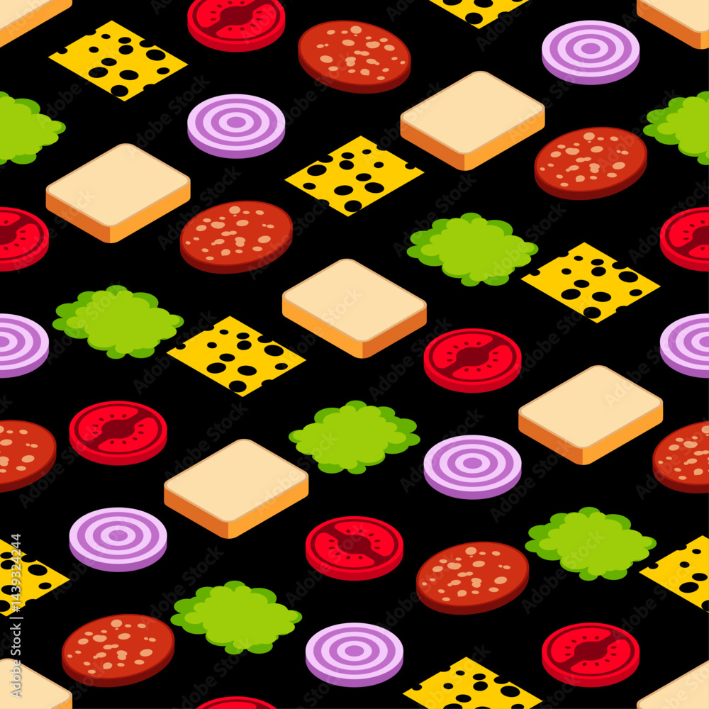 Poster bread and onion and salad pattern seamless. sandwich parts texture.