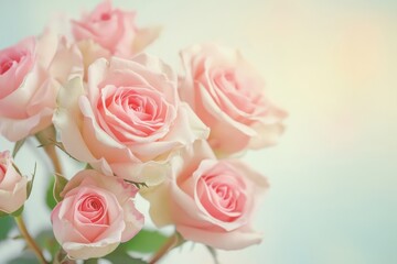 Fototapeta premium Delicate pink rose bouquet on soft pastel backdrop ideal for mother's day, valentine's day, weddings, birthdays, and special events with personalizable text space
