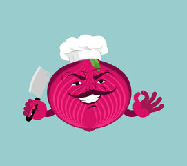 Onion chef. Onion in chef hat. Vegetable gastronomic symbol