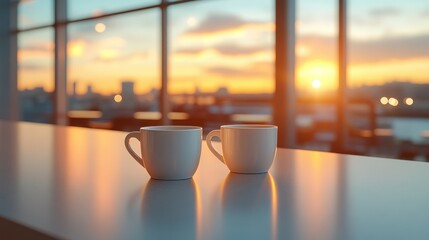 Two white coffee cups on a table, sunset view