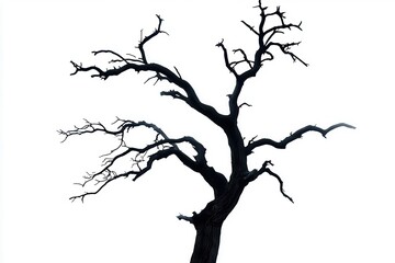 Obraz premium Silhouetted barren tree against a stark white background, symbolizing desolation and change