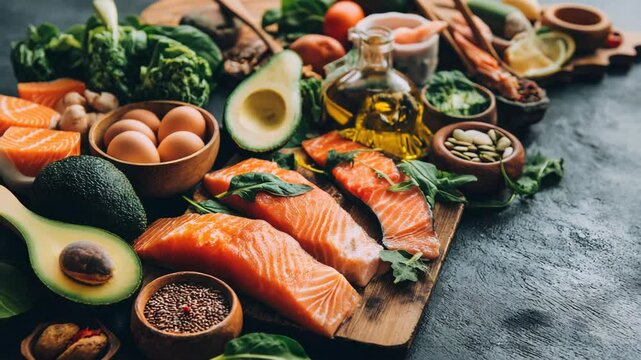 Fresh ingredients for a healthy meal preparation with salmon, vegetables, and eggs on a wooden board at a kitchen