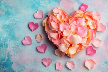 Obraz premium Valentine's day romantic theme with delicate rose petals and heart shapes, ideal for heartfelt cards and love-focused creations. Charming flat lay arrangement on soft pastel background