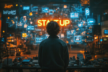 A passionate young entrepreneur stands confidently before a vibrant digital screen displaying START UP in bold 3D. Surrounded by digital icons, a visionary atmosphere ignites creativity and ambition