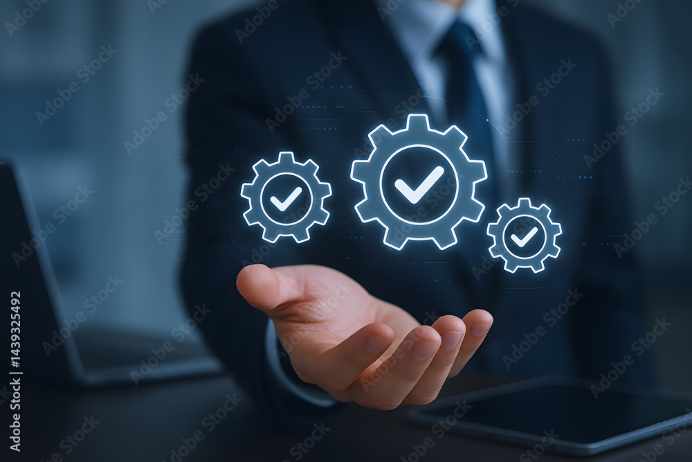 Poster business person presenting gears with check marks process and efficiency