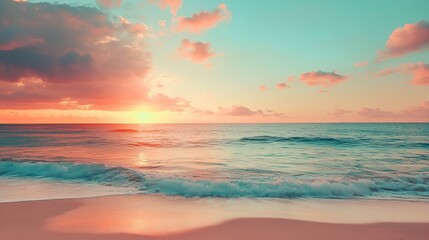 Fototapeta premium Serene pink and teal ocean sunset beach scene tranquil summer vacation paradise tropical idyllic sea