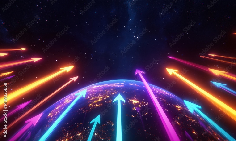 Poster dynamic arrows pointing upwards from earth in a cosmic background with vibrant colors