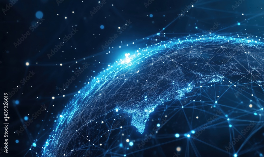 Poster digital globe with interconnected lines and glowing nodes representing global connectivity