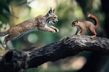 Obraz premium A cat and a squirrel are on a tree branch