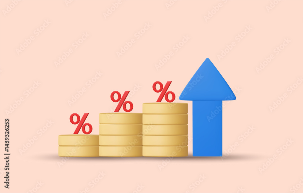 Poster 3d illustration vector render icon stack of coins stacked up high, percentage symbol and up arrow co