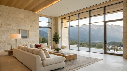 Fototapeta premium Cream-toned modern interior with panoramic mountain views, merging elegance, natural textures, and architectural serenity in a luxury living space. 