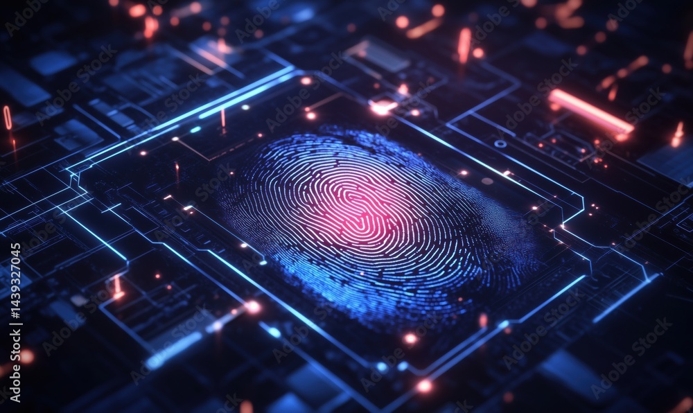Poster digital fingerprint on circuit board background representing cybersecurity and identity verification